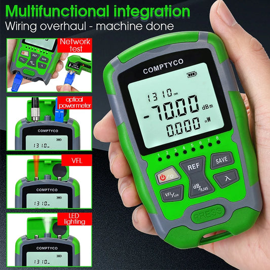 FTTH Rechargeable Fiber Tester 4 in 1 Mini Optical Power Meter -70~+10dBm&15mW Visual Fault Locator&Rj45 Network Test&LED Light