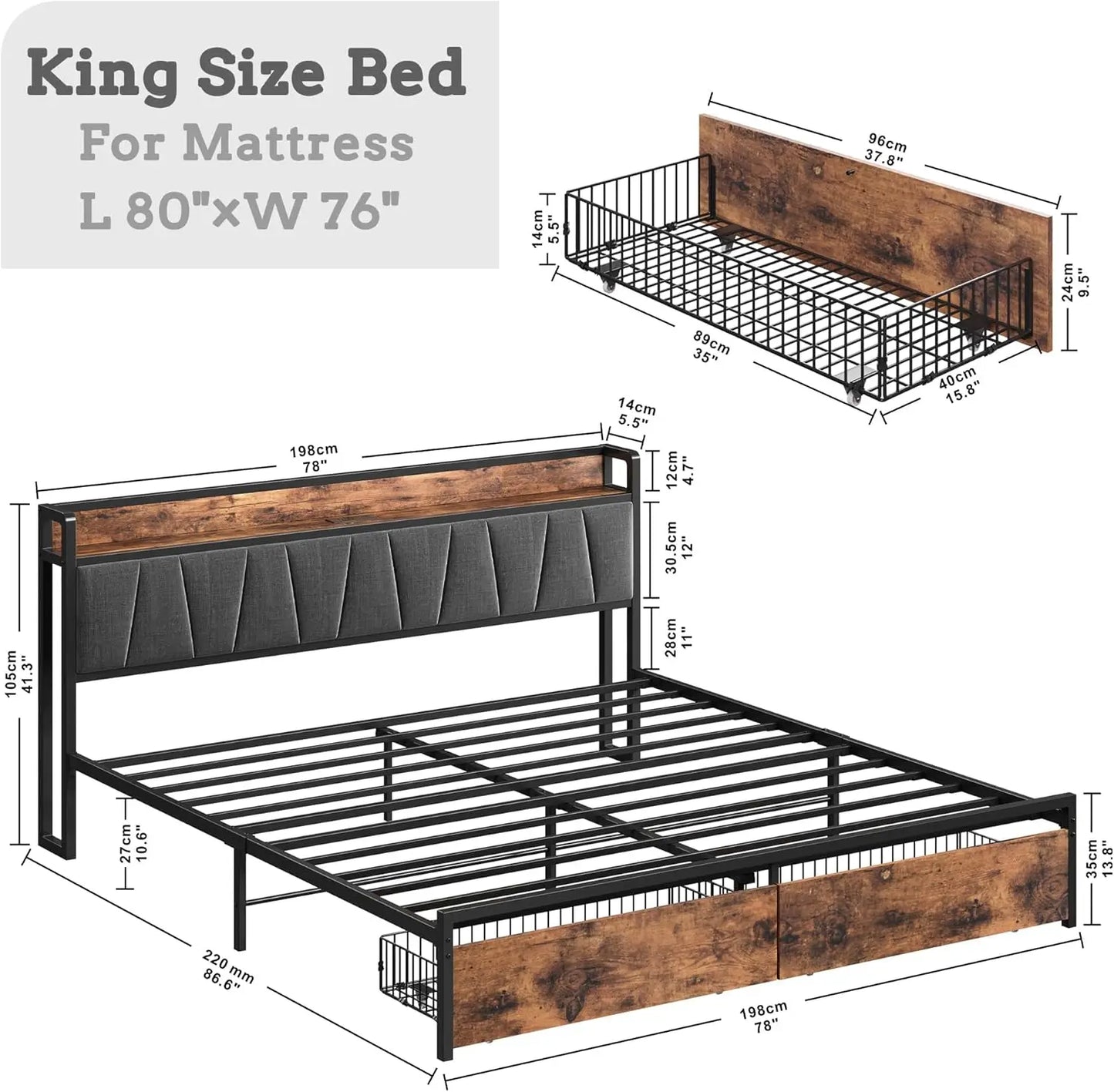 King Size Platform Bed Frame with Storage Headboard, Charging Station, Drawers, Easy Assembly in Industrial Brown and Gray
