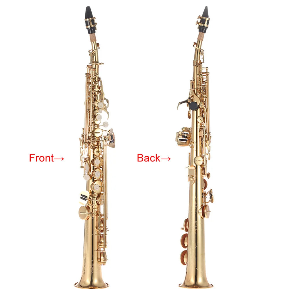 Brass Straight Soprano Sax Saxophone Bb B Flat Woodwind Instrument Natural Shell Key Carve Pattern with Carrying Case Gloves
