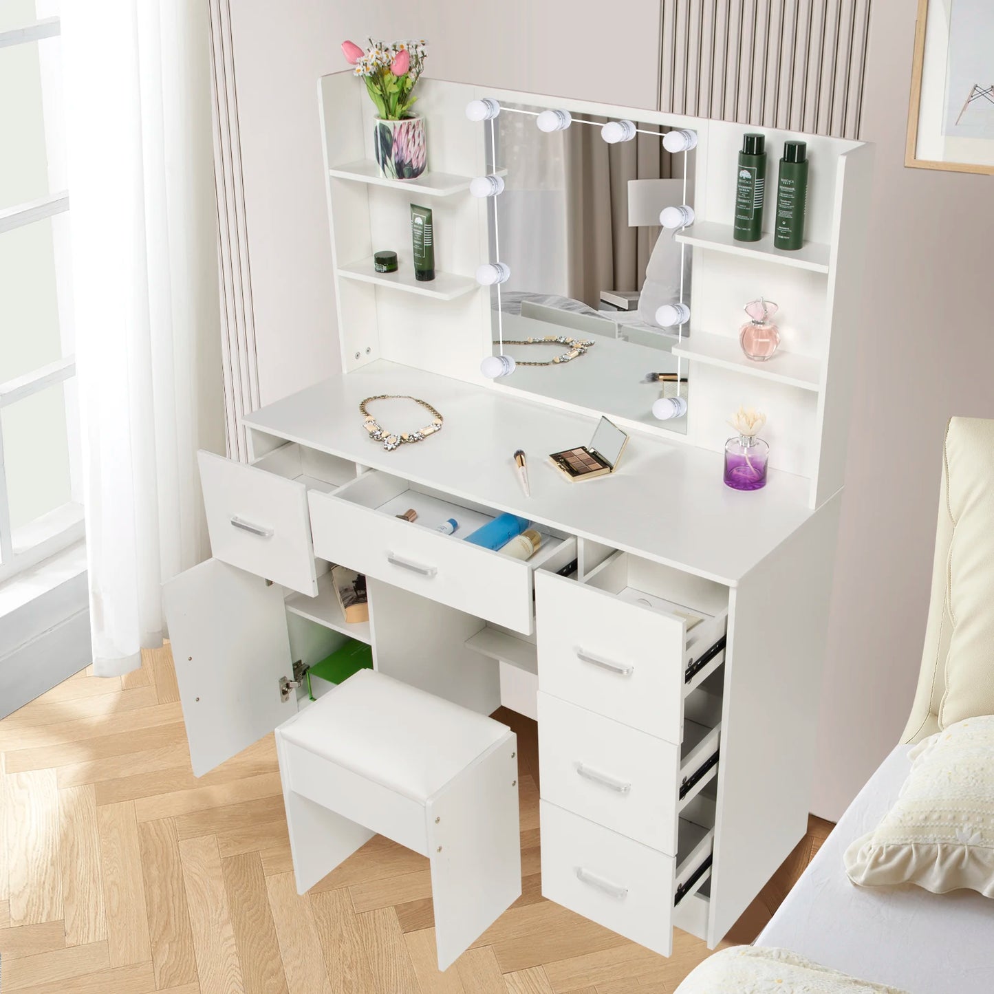 NEW White Vanity/Dressing Table With Adjustable Brightness 10 LED Lights Mirror and Stool 6 Drawers Vanity Makeup Desk bedroom
