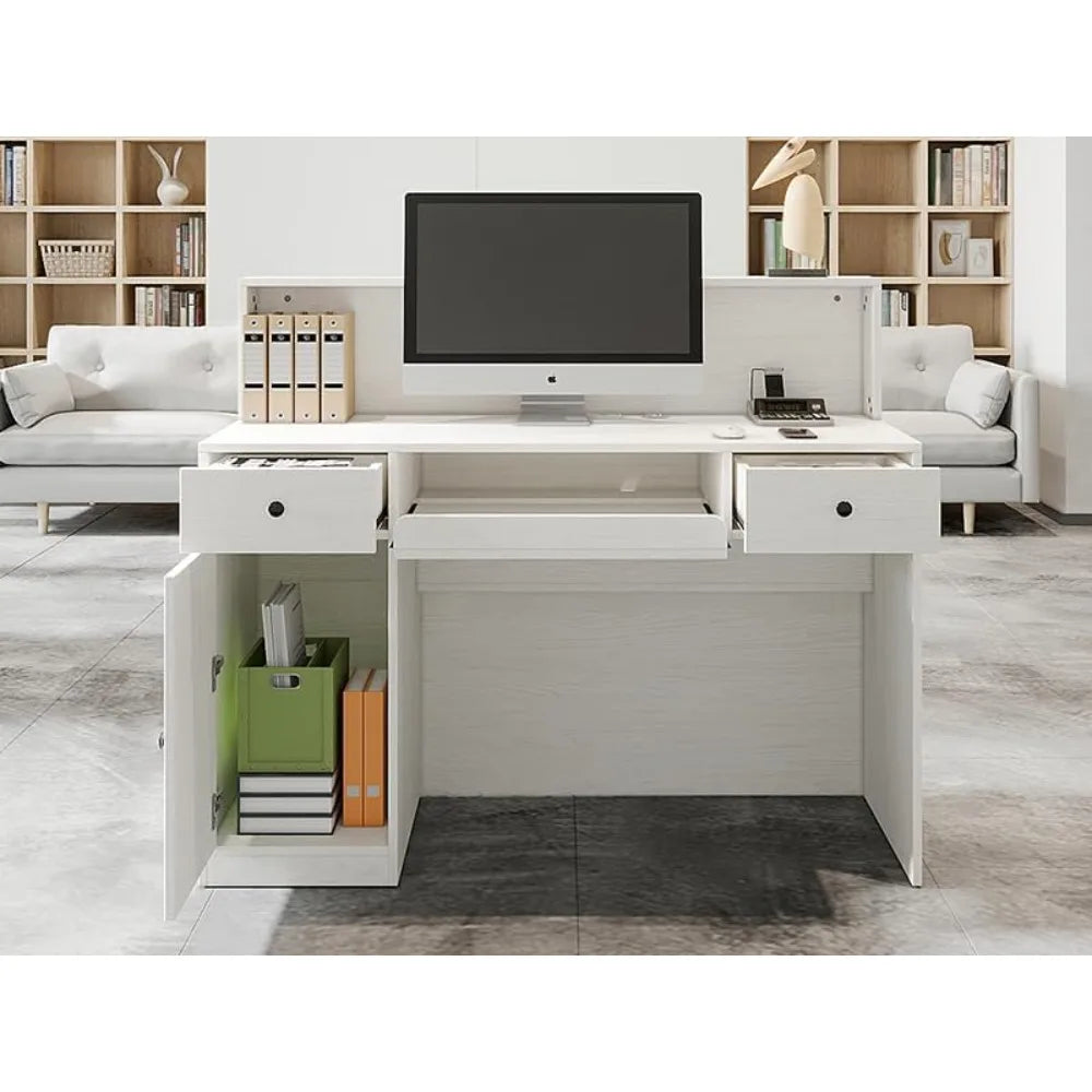 Reception Desk with LED Lights and Power Outlets, Retail Counter Reception Counter Table with Drawers