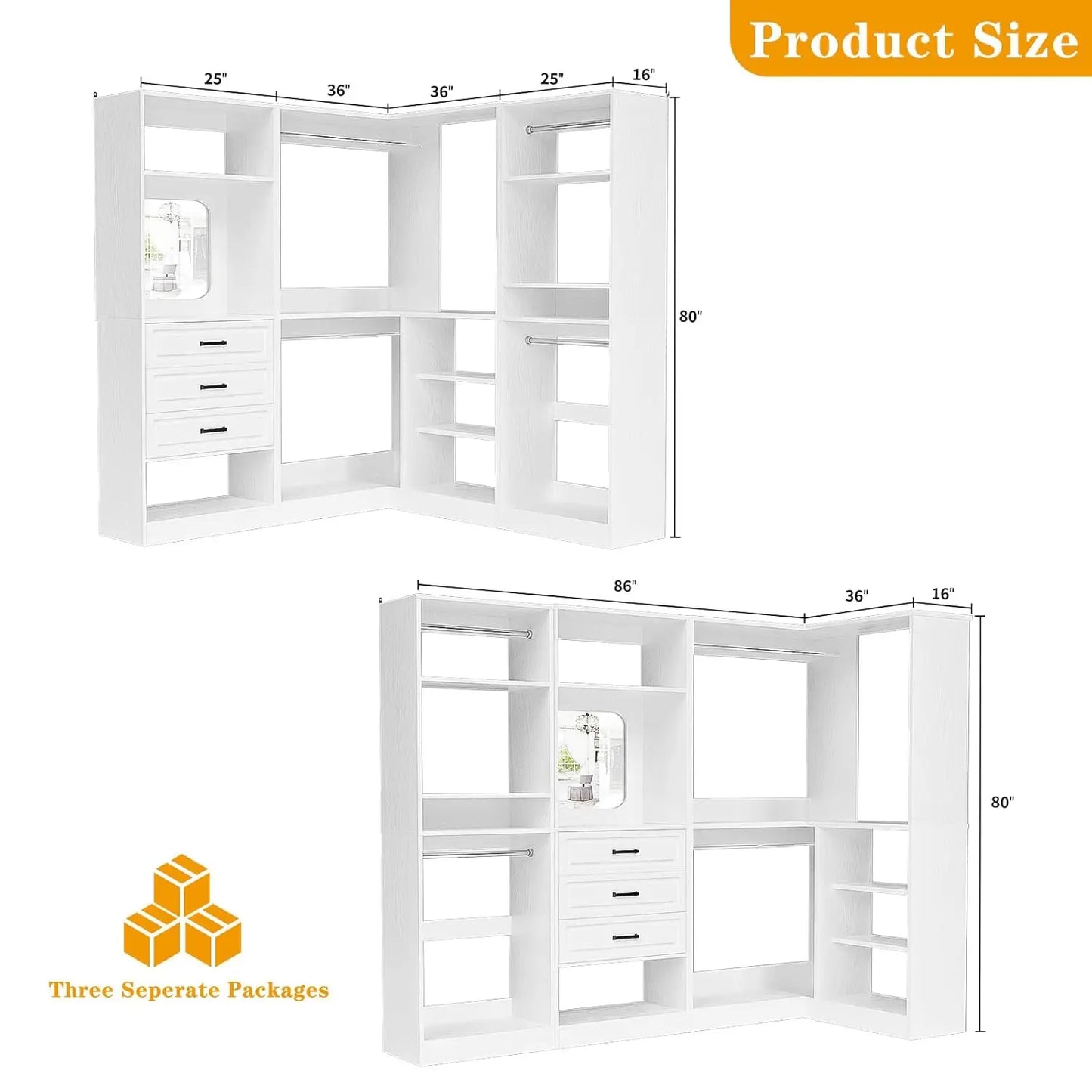 86in Corner Closet Organizer Wood with Drawers Mirror Rods Shelves Walk-in, Customized