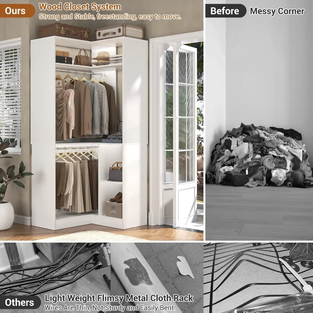 L Shaped Corner Closet Organizer System Garment Rack with Shelves & Hanging Rod