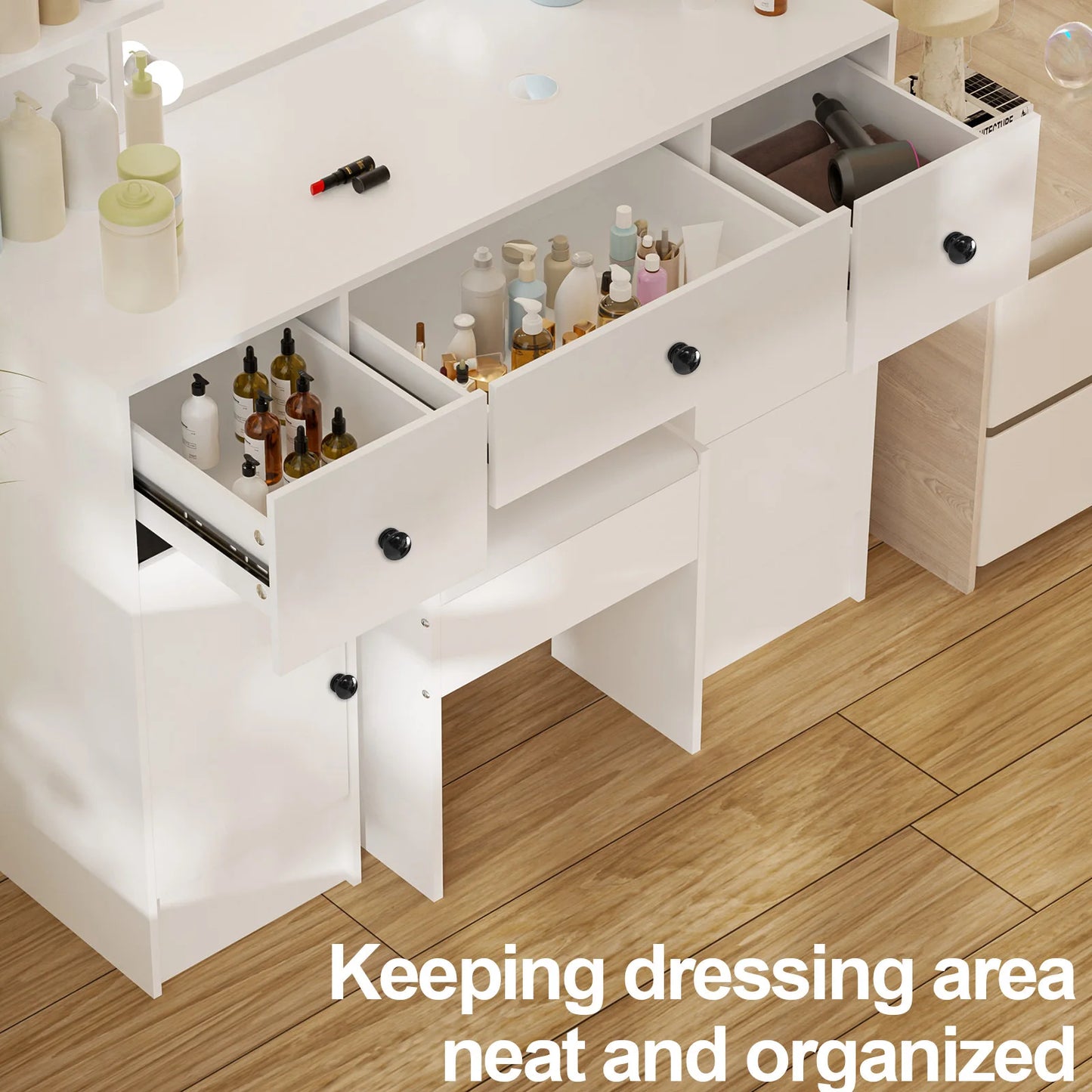 Teousev White Modern Vanity Set with 10 LED Lighted Mirror 5 Drawers & Stool 3 Color Dimmable Easy Assembly Bedroom Dressers