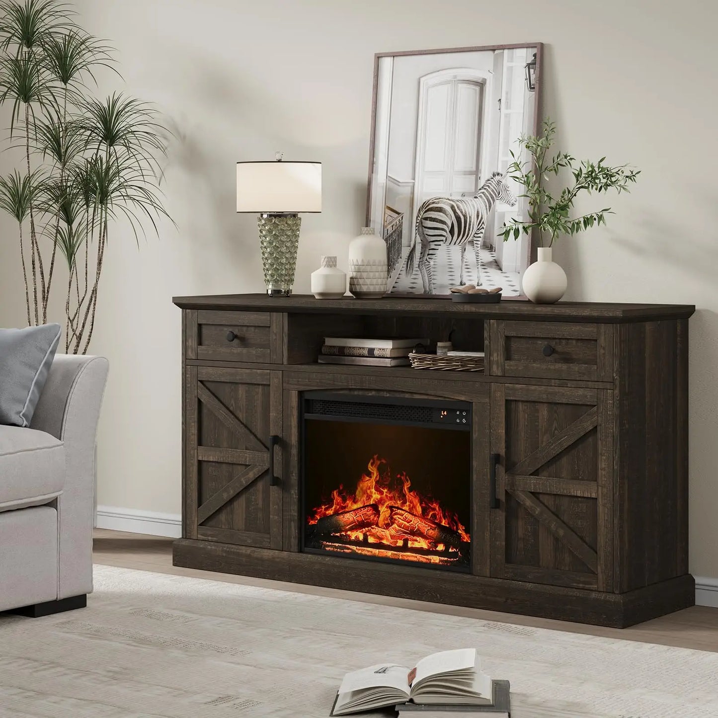 Farmhouse TV Stand with 23-Inch Electric Fireplace, Entertainment Center for TVs Up to 70 Inches, Media Console Table with Drawers and Storage, Antique White