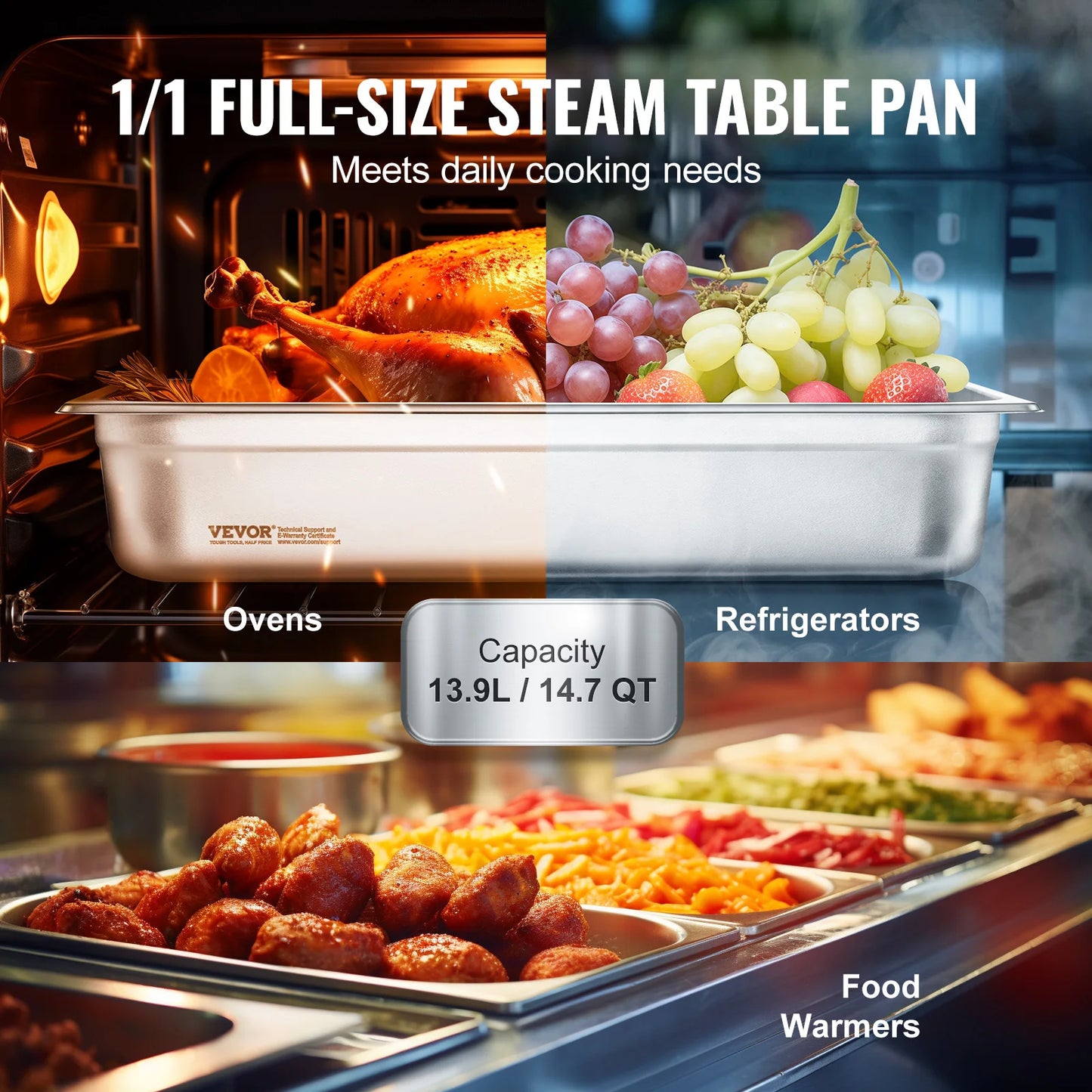 SucceBuy 4 Pack Hotel Pans Full Size Anti-Jam Steam Pan with Lid Stainless Steel Steam Table Pan 4inch Deep Commercial Table Pan