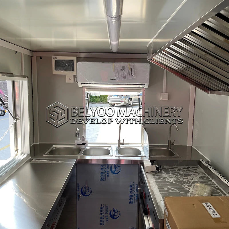 Belyoo Food Truck Trailer Fully Equipped BBQ Food Trailer with Porch Mobile Fast Food Truck Hot Dog Food Cart with Full Kitchen