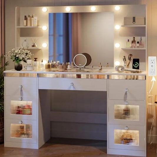 Makeup Vanity with Lights 3 Colors Glass Top Vanity Desk with 7 Lighted Drawers 4 Shelves Power Outlet Makeup Desk