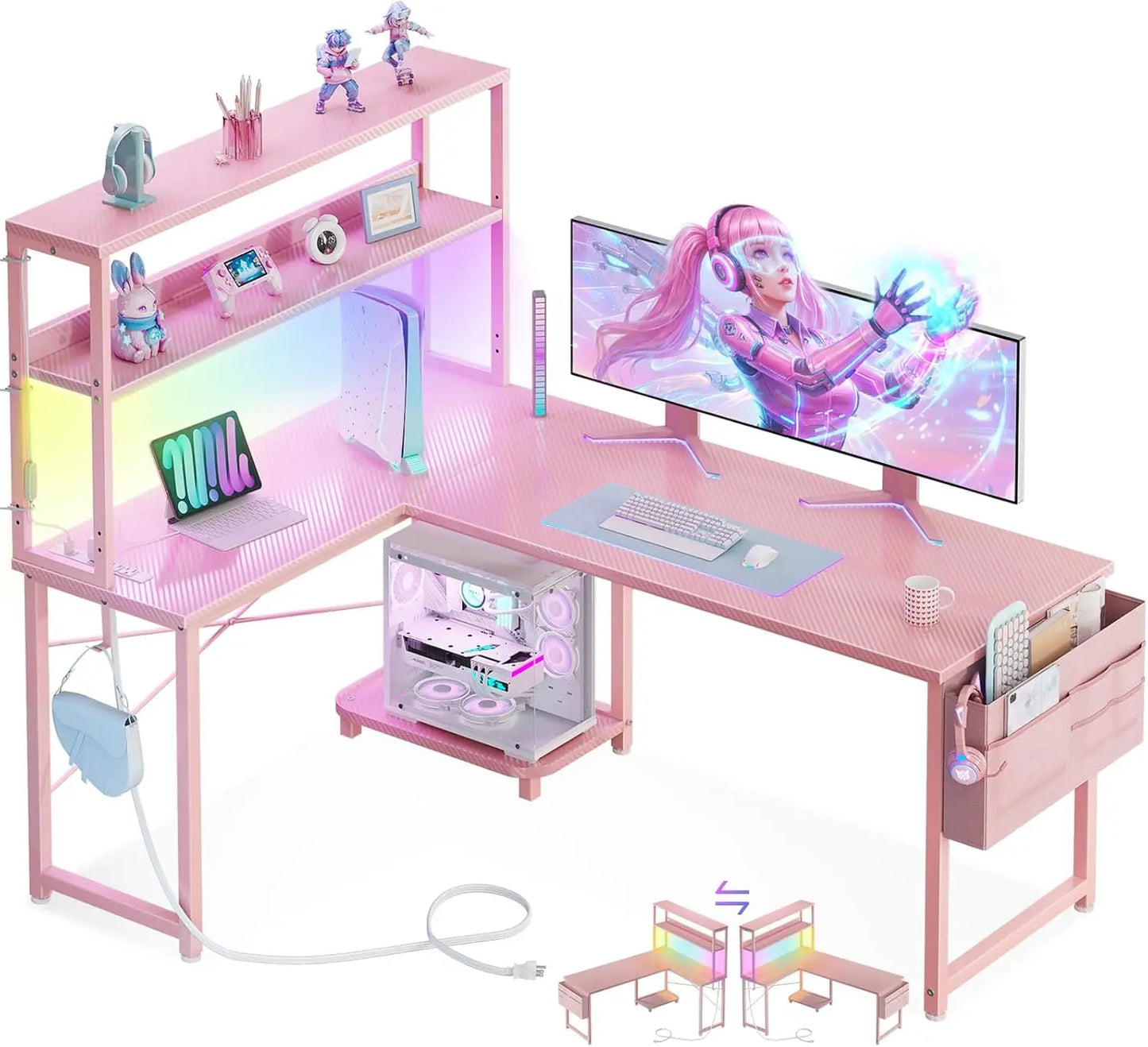 53 Inch L Shaped Gaming Desk with LED Lighting, Reversible Desk with Power Outlets, Customized