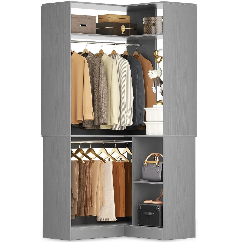 L Shaped Corner Closet Organizer System Garment Rack with Shelves & Hanging Rod