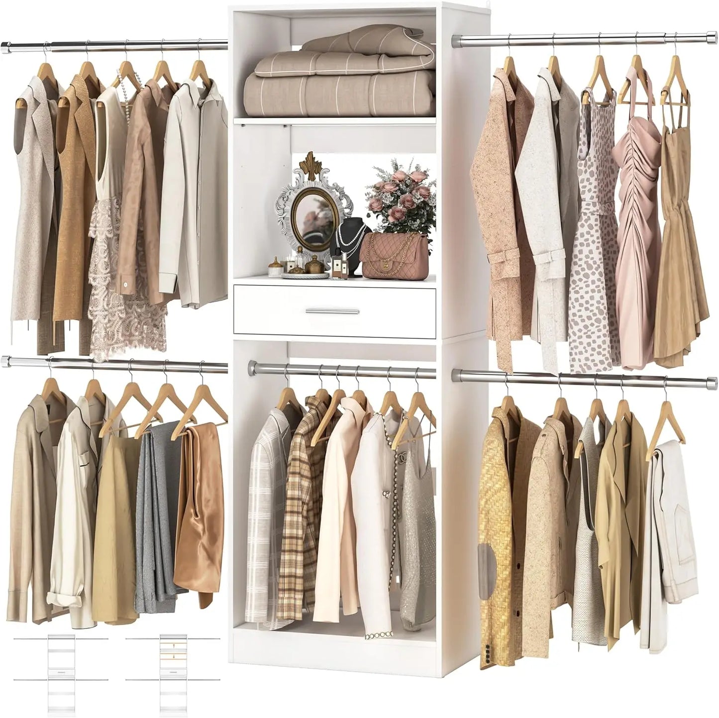 48" W - 96” W Closet System with Mirror, 8FT Walk in Closet Organizer Kits with Drawers and 3 Extendable Hanging Rod,