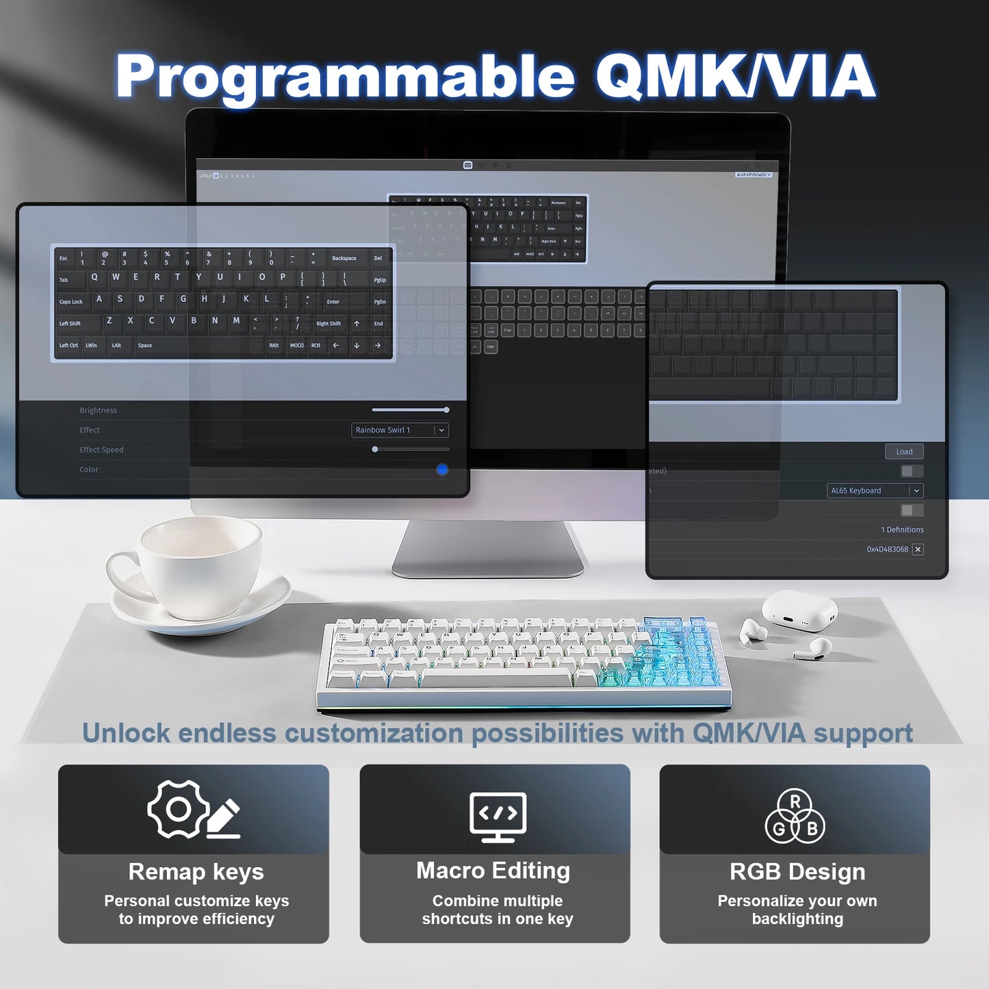 YUNZII AL65 QMK/VIA Aluminum Mechanical Keyboard, Custom RGB Wireless Gaming Keyboard, Hollow Design Gasket Hot Swap Keyboard