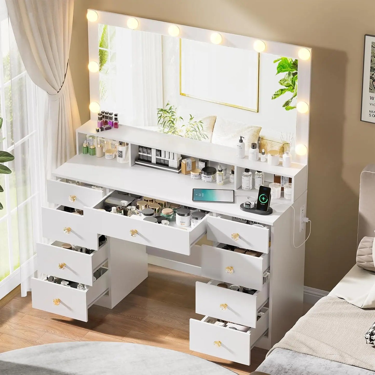 Vanity Desk with Large Mirror, Lights & Power Outlet, Black Makeup Vanity with 9 Drawers & Shelf Storage, Customized