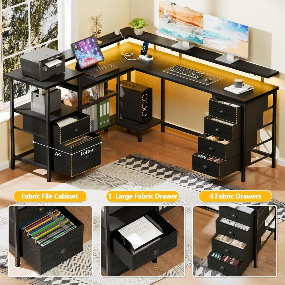 66" L Shaped Gaming Desk with 6 Drawers & Printer Storage Shelves, Reversible Computer Corner Desk with Power Outlets&LED Light