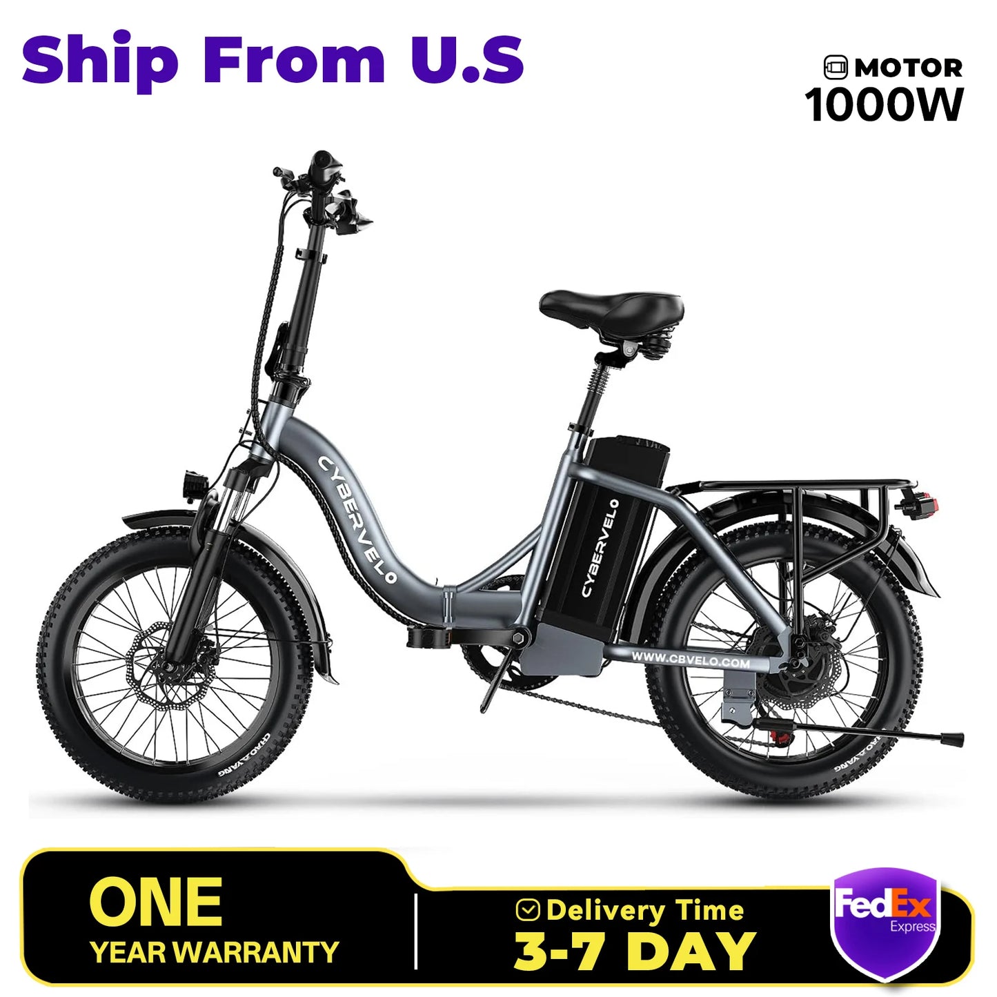 Cybervelo MARS700 1000W 20AH Removable Battery, Folding Electric Bike, 30MPH 100 Miles Max Range E-Bike for Adults, 20" Fat Tire