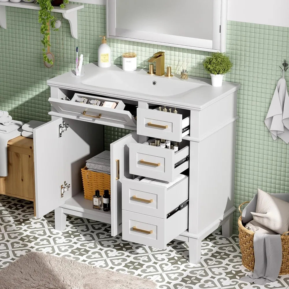 freestanding 36" solid wood bathroom vanity with ceramic sink and 4 drawers