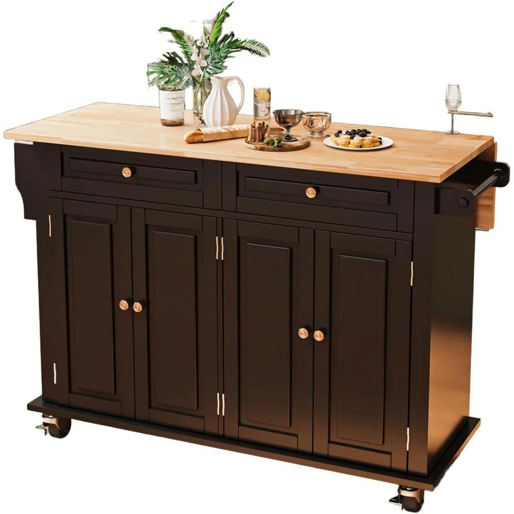 59" Rolling Kitchen Island with Drop Leaf - Mobile Cart with Storage Drawers & Towel Rack, Multi-Functional for Kitchen & Dining