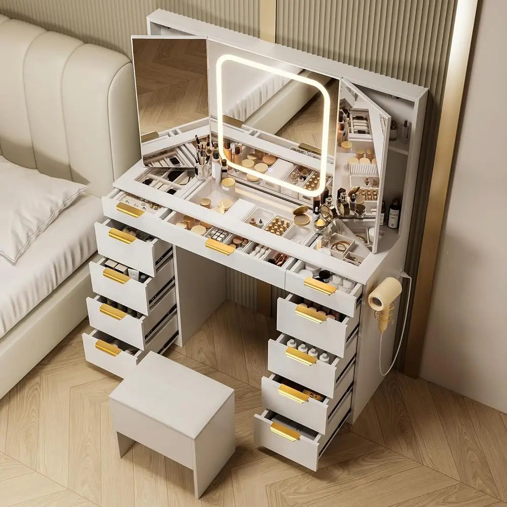 LED Lighted Makeup Vanity Desk with Glass Top, Adjustable Mirror, Chair, and Power Outlet