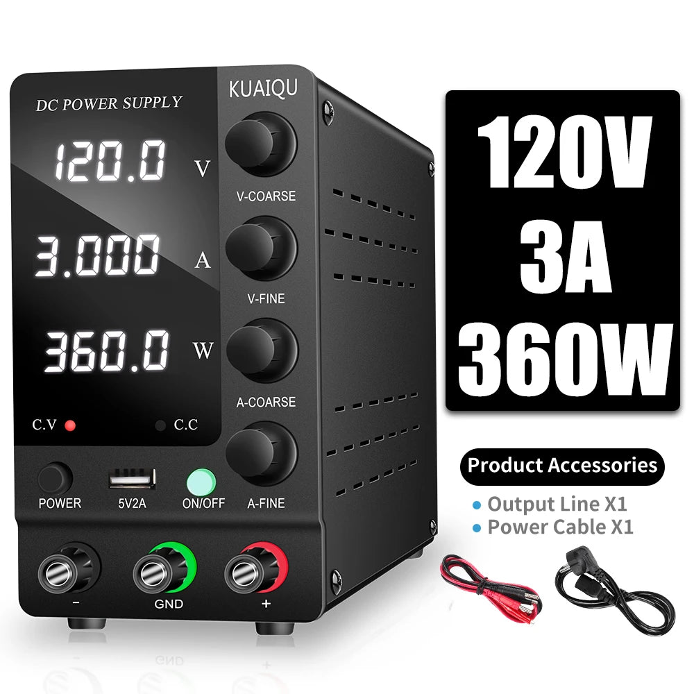 KUAIQU Adjustable Switching DC Power Supply 30V 10A 6A Lab Bench Power Supply 60V 5A 120V 3A Output Preset Current USB Interface