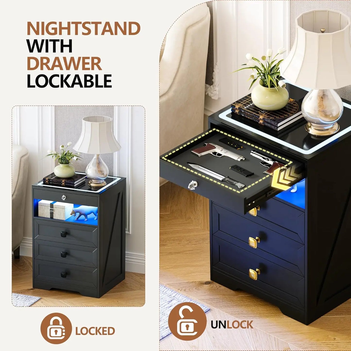 Smart Night Stand with Gun Drawer,Glass Top Nightstand with Charging Sation,LED Bedside Table with 3 Color, Customized