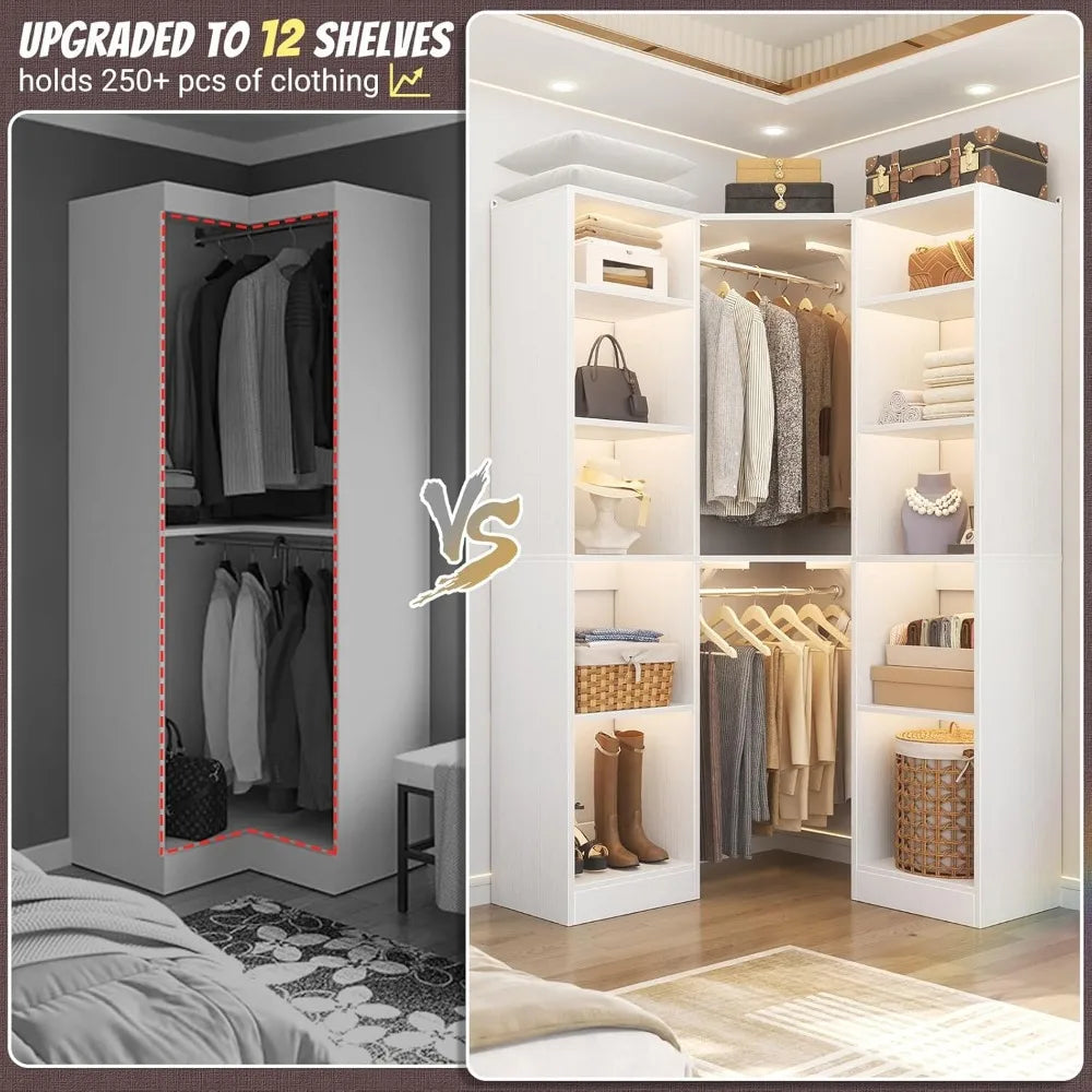 Corner Closet System With 12 Shelves, 40" Large Organizer With 2 Hanging Rods, Versatile 6-Tier Walk-in Closet for Corner Space,