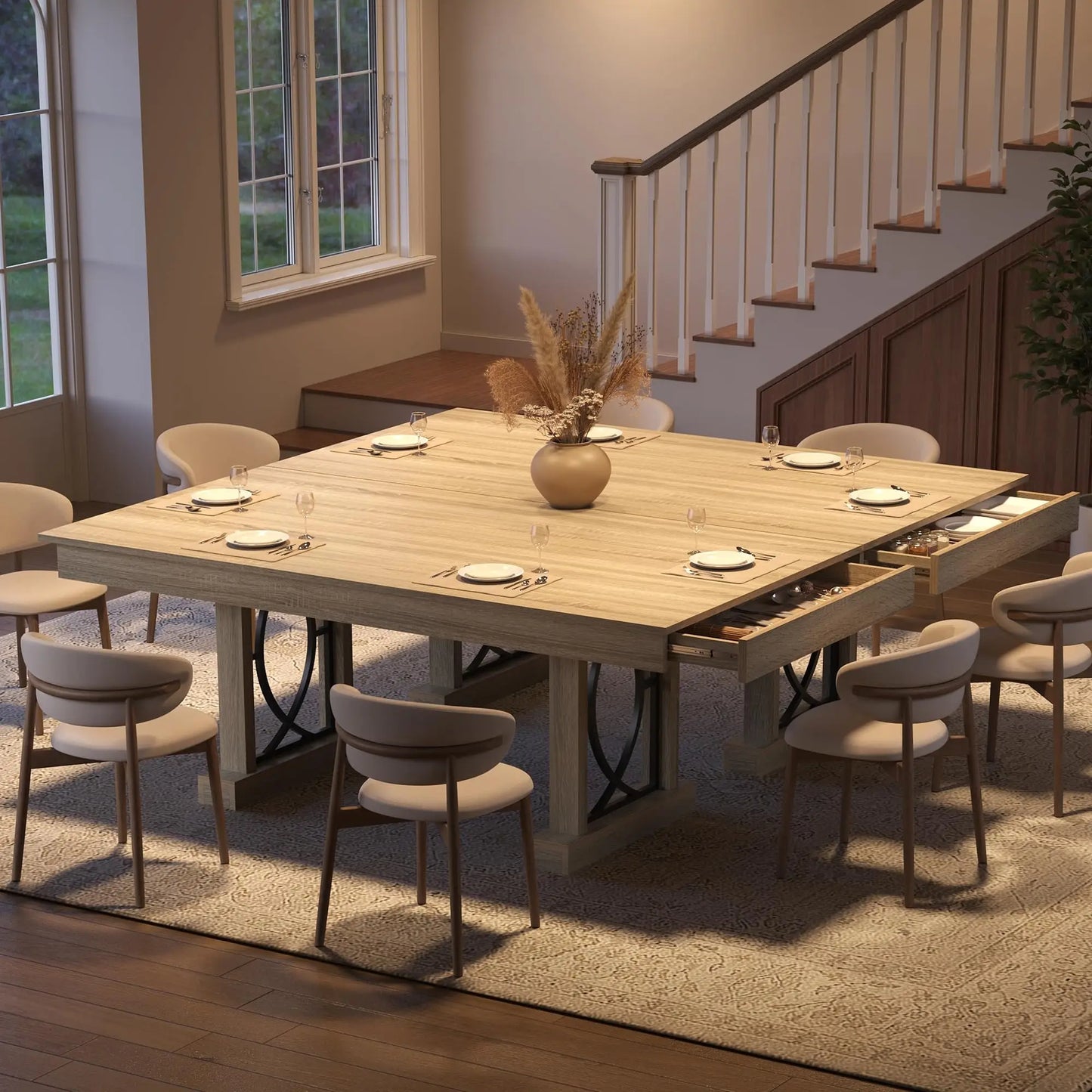 Large 71 Inch Dining Table With 2 Storage Drawers For 6-8, Rustic Wood Kitchen Table, Heavy Duty Base, Home Office Desk