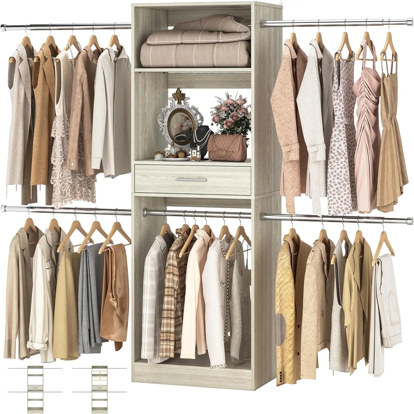 48" W - 96” W Closet System with Mirror, 8FT Walk in Closet Organizer Kits with Drawers and 3 Extendable Hanging Rod,