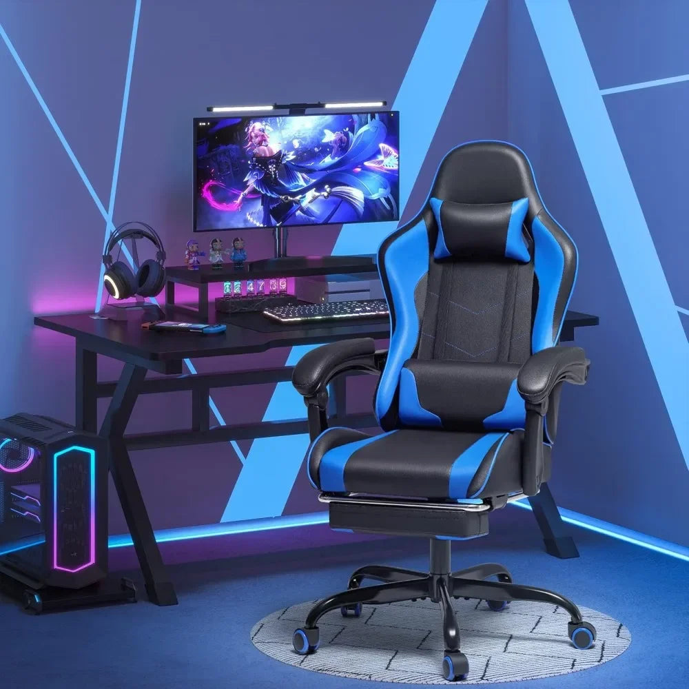 Gaming Chair, Video Game Chair with Footrest and Massage Lumbar Support, Ergonomic Computer Chair Height Adjustable