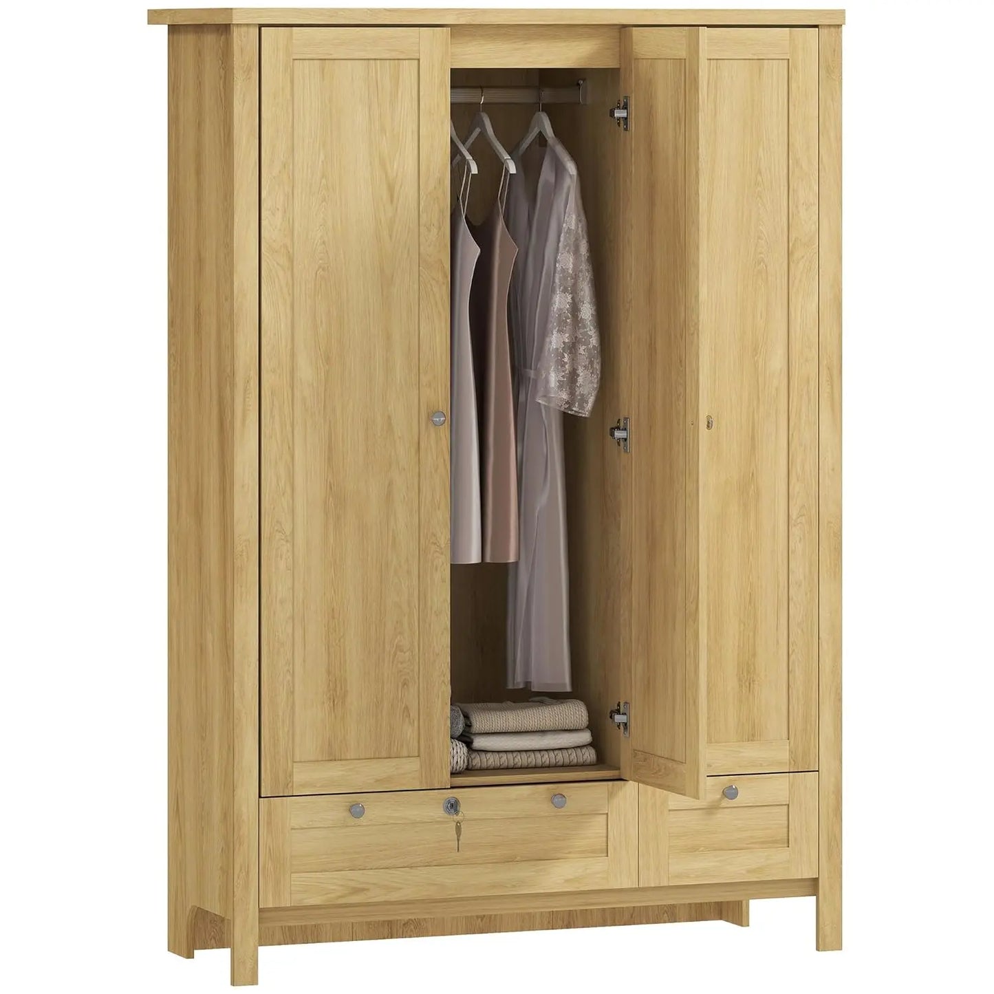 3 Door Armoire Wardrobe Closet with 2 Drawers, 69" Clothing Storage Cabinet with Lockable Large Drawer, Hanging Rod, Customized