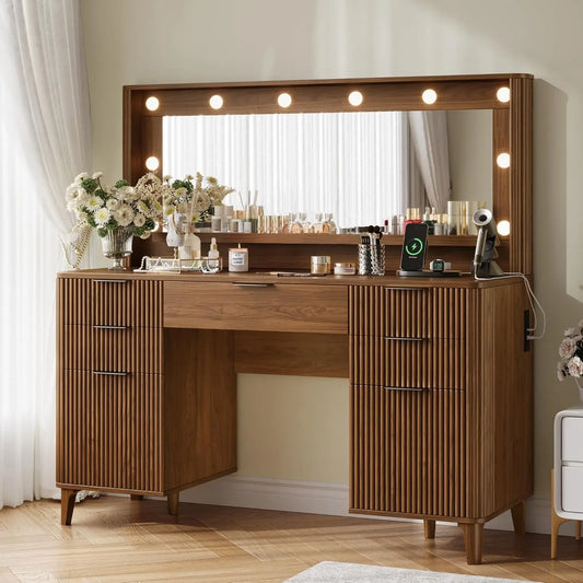 Fluted Makeup Vanity Desk with Large 39.3" Mirror and Lights, 48.8" Wood Vanity, Large Vanity Dressing Table, Customized