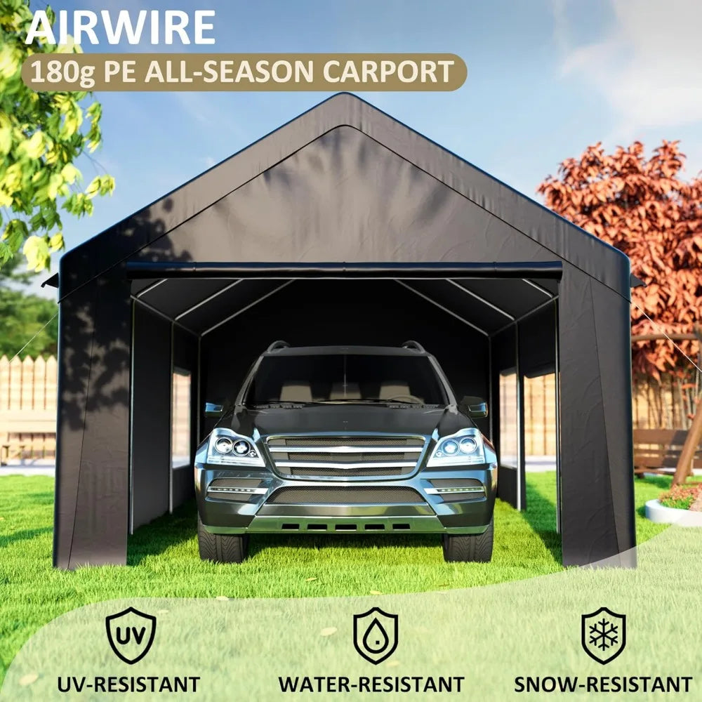 Carport 12' x 20' Heavy Duty Portable Garage, Carport Canopy with Side-Opening Door & Roll-Up Windows, Car Canopy Reinforced Fou