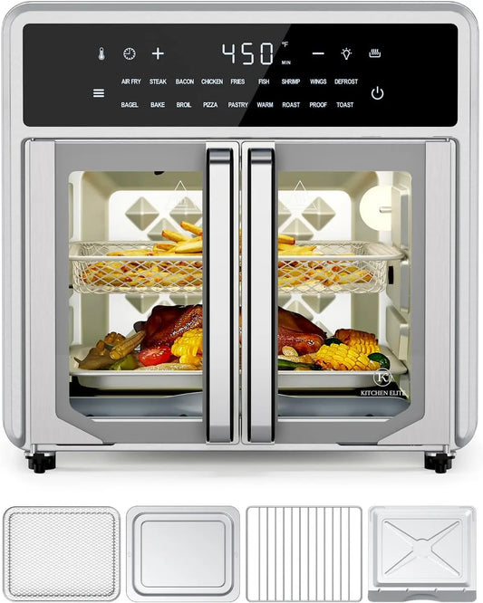 Air Fryer Toaster Oven Combo,15.8Qt Small Countertop French Door Oven,18 Presets & 1 Preheat & Light, Airfryer Basket,Wire Rack,
