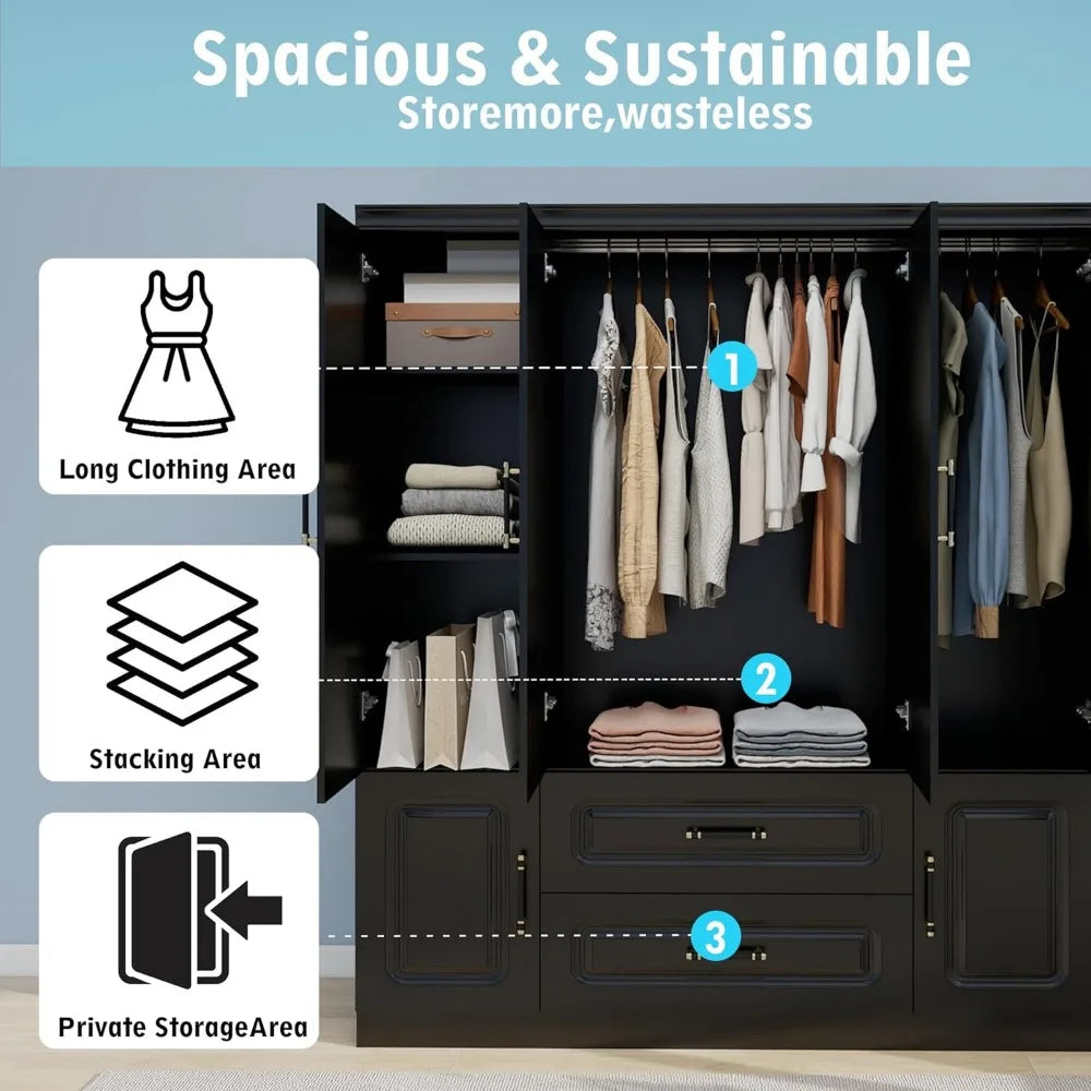 Wooden Armoire Wardrobe Closet：Modern Armoire Wardrobe Closet with 4 Doors, 2 Drawers and Hanging Rods for Tall Cabinet, Large C