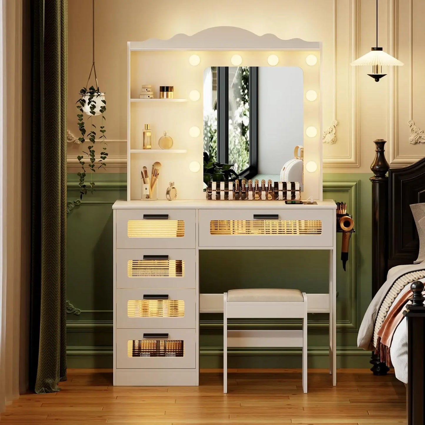 Makeup Vanity Desk with Mirror and Lights,Vanity Table with 5 Drawers&2 Shelves,Vanity Set for Bedroom,Dressing, Customized
