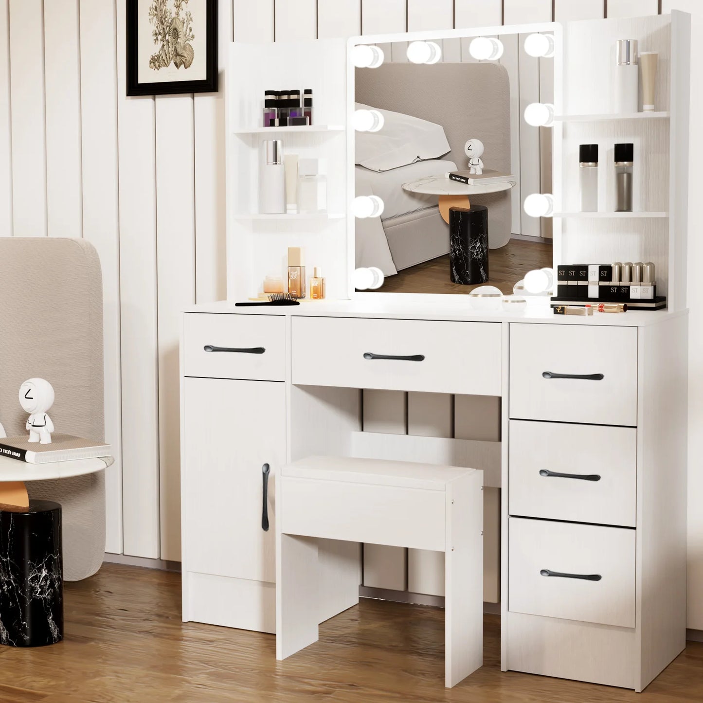 Teousev White Modern Vanity Set with 10 LED Lighted Mirror 5 Drawers & Stool 3 Color Dimmable Easy Assembly Bedroom Dressers