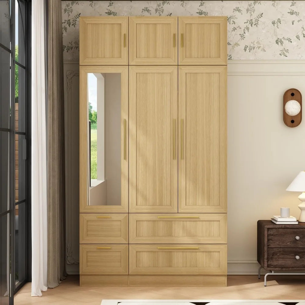 Wardrobe Closet with Mirror, 3 Door Wardrobe with Hanging Rod, 4 Drawers, Shelves, Modern Bedroom Armoire with Gold Handle, Oak