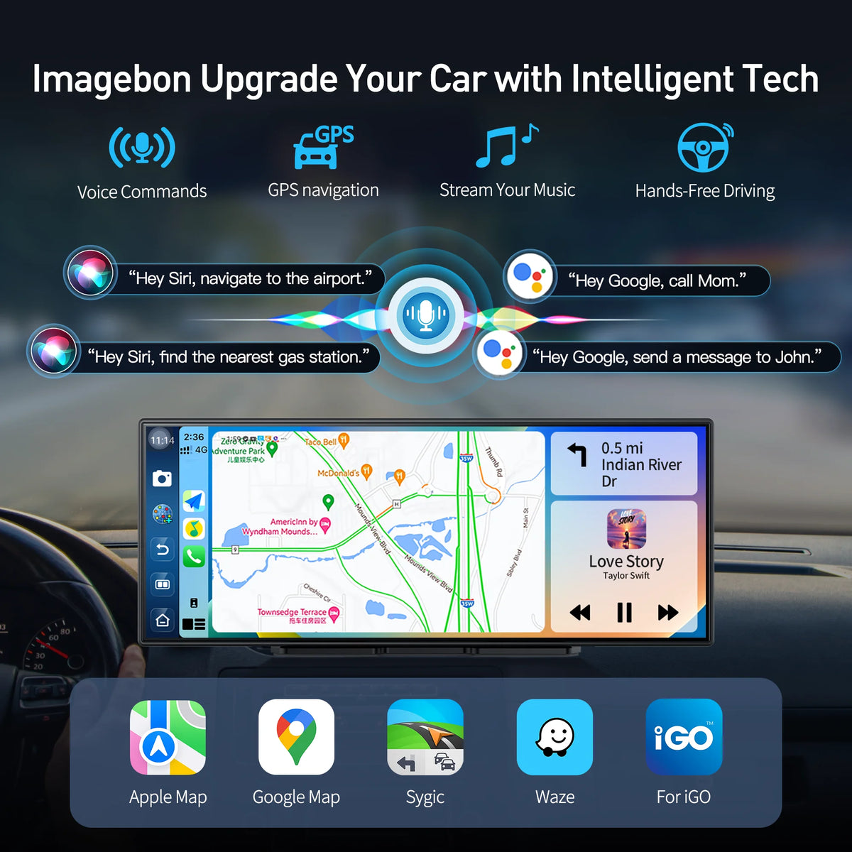 Imagebon 11.4" Android 14 Dashcam WiFi 8 Core 4+64G CarPlay & Android Auto 1080P Dual Recording GPS Navigation Google Play Youtube Car DVR Screen