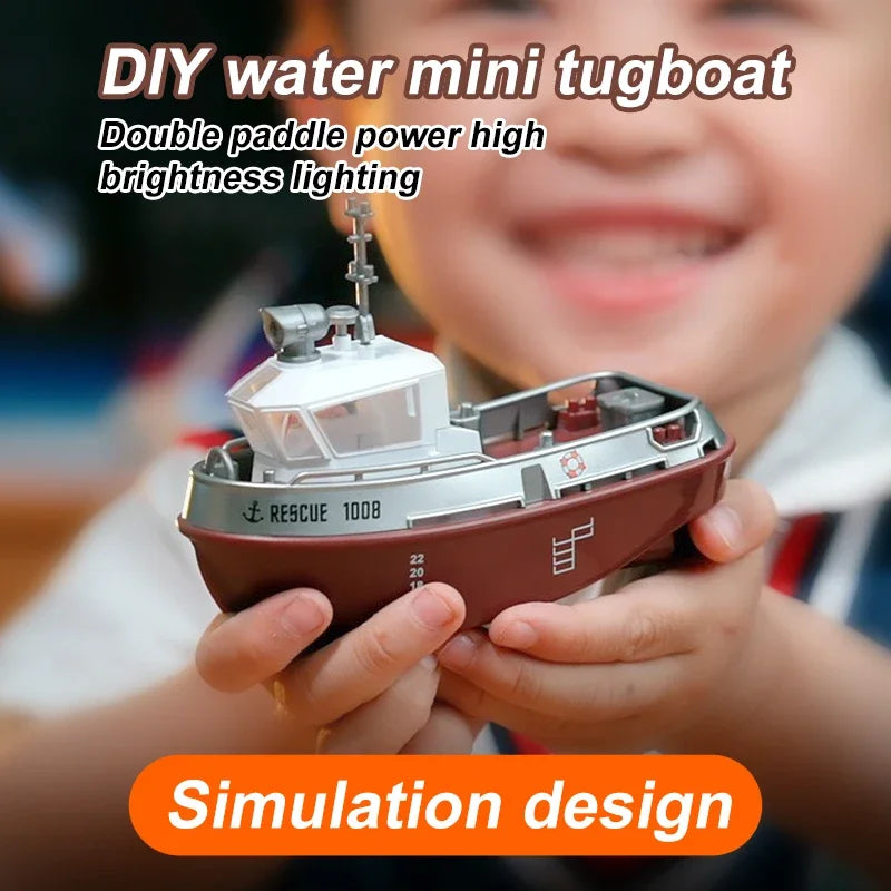 1/72 Mini Boat S820 RC Tugboat 2.4G Dual Motors Remote Control Ship Electric Watercraft Model Toys with LED Light for Kids Gift