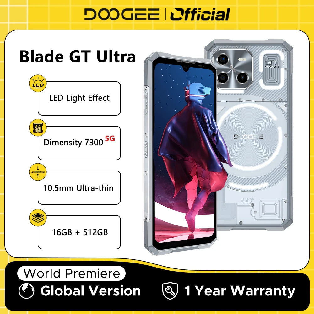 DOOGEE Blade GT Ultra 5G AI Rugged Gaming Phone 6.72 dimension 7300 Mobilephone 16GB + 512GB LED Light Effect AI Smartphones NFC