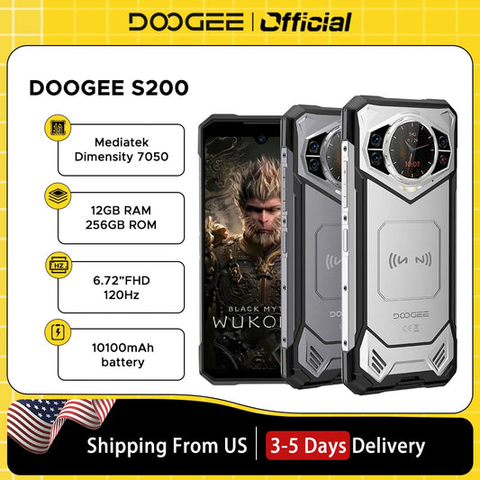 DOOGEE S200 5G Rugged Phone 6.72" Dimensity 7050 12GB RAM 256GB ROM 100MP AI Main Camera 10100mAh Battery NFC Smartphone