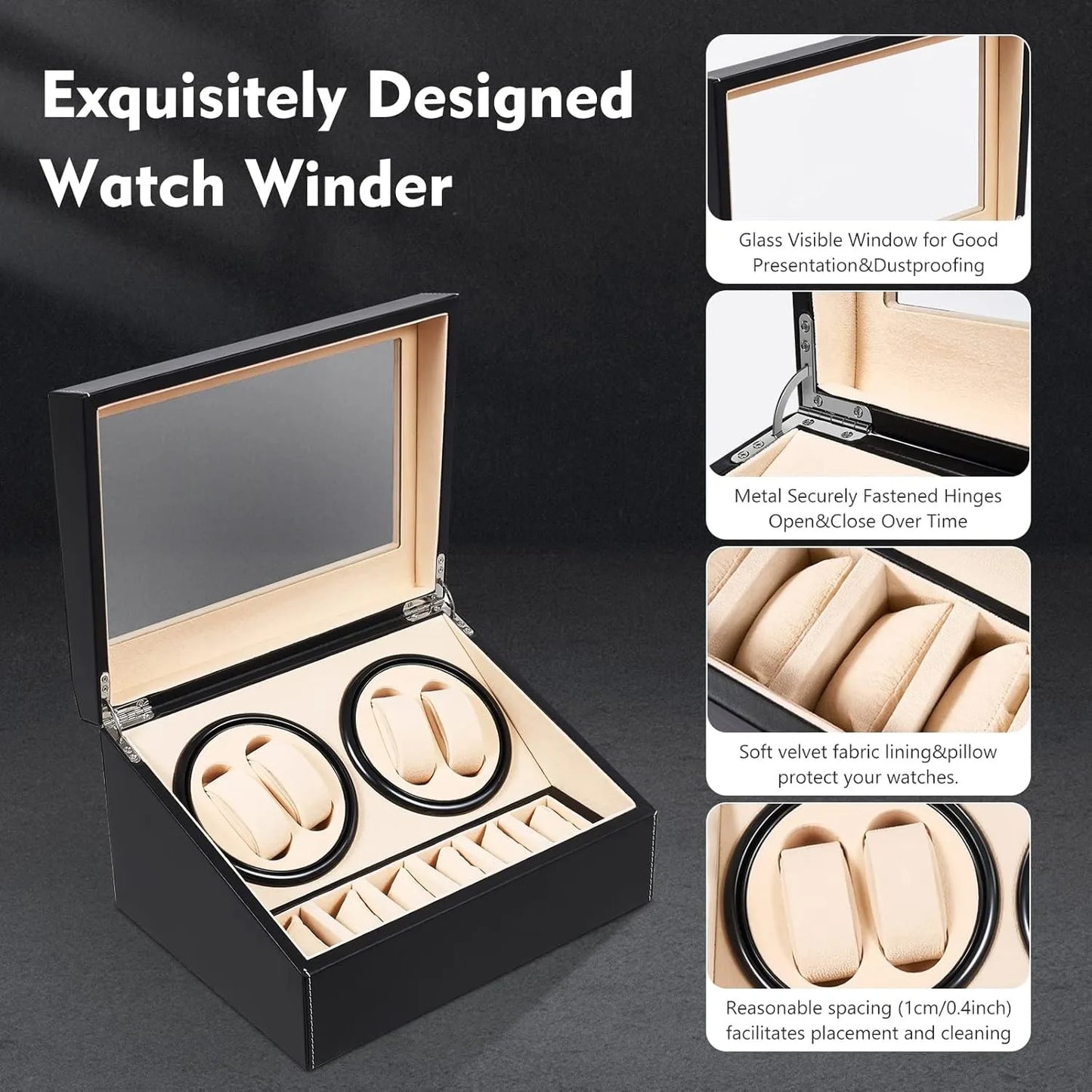 Automatic Watch Winder Display Box, 4+6  Rotation Leather Wood Watch Winder Collector Display Box Watch Case, Black