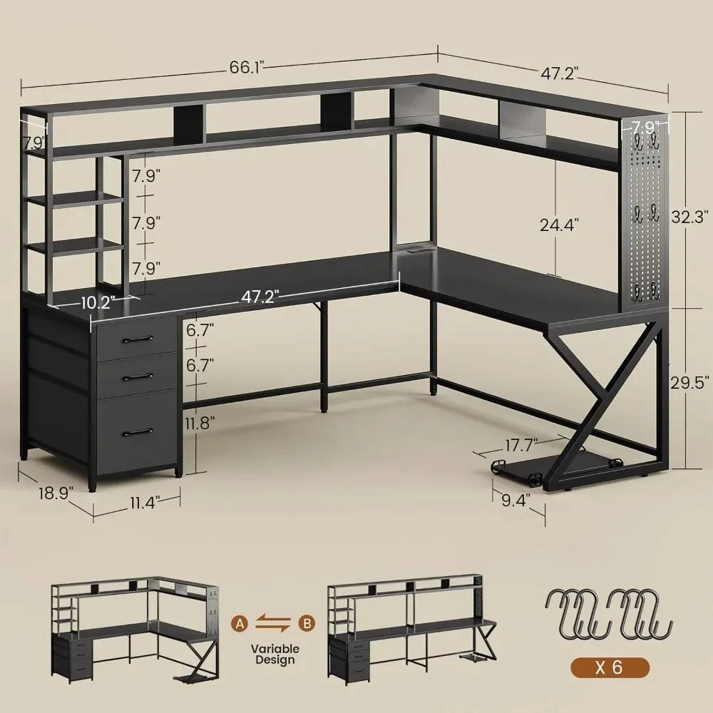 L Shaped Gaming Desk with Storage Shelves and Hutch, Convertible 94.5" Computer Desk with Drawers, Corner Computer, Customized
