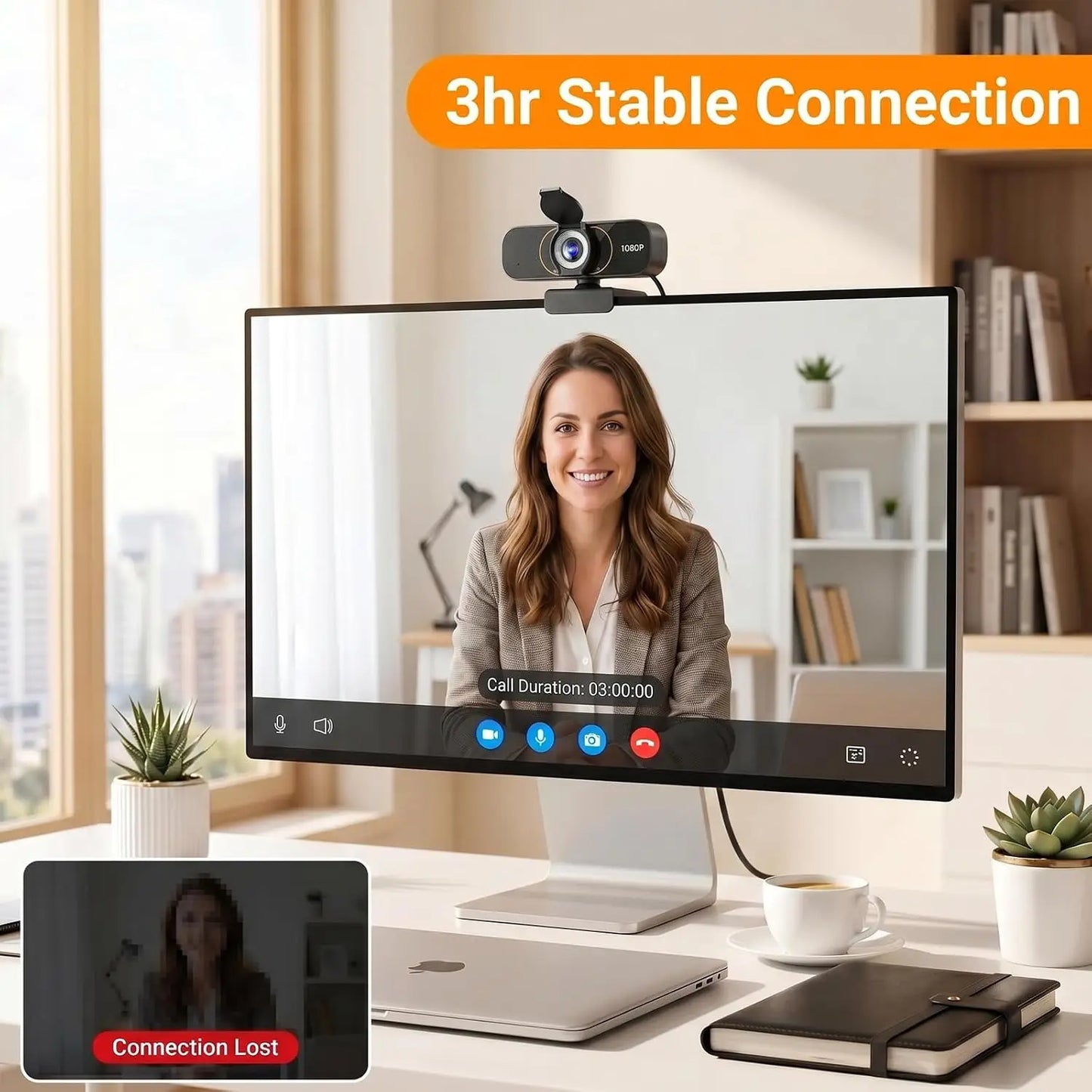1080P Webcam with Microphone, Plug and Play USB Camera for PC Laptop, Auto Light Correction, Privacy Cover, Flexible Clip