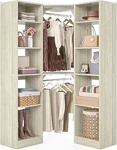 Corner Closet System With 12 Shelves, 40" Large Organizer With 2 Hanging Rods, Versatile 6-Tier Walk-in Closet for Corner Space,