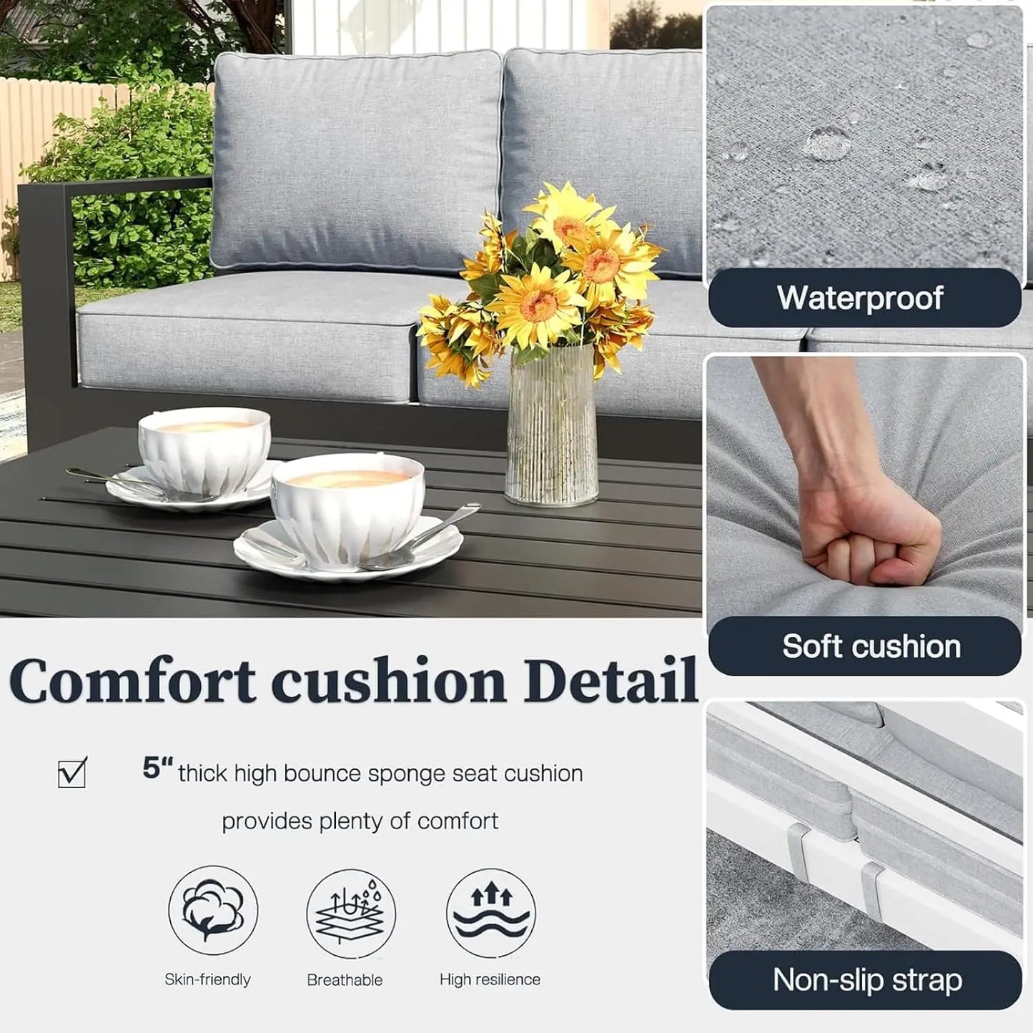 5 Piece Modern Aluminum Patio Furniture Set, Outdoor Patio Sectional Conversation Metal Seating Sets with Olefin, Custom