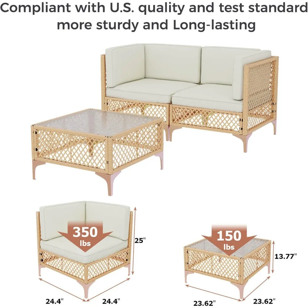 Boho Chic Outdoor Sectional Set - Wicker Sofa & Tempered Glass Coffee Table