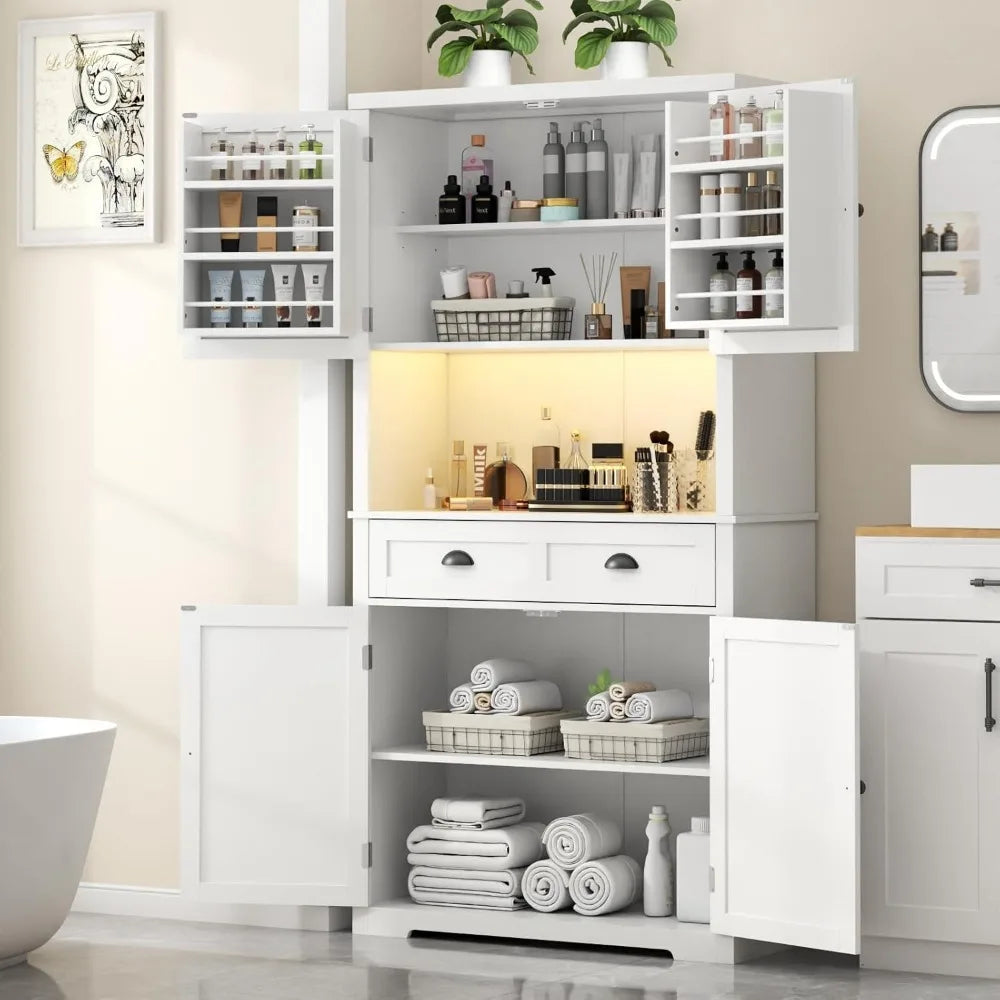 72" Farmhouse Kitchen Pantry Cabinet With LED, Operation Table & Power Outlet, Tall Storage With Drawer, Adjustable Shelves for