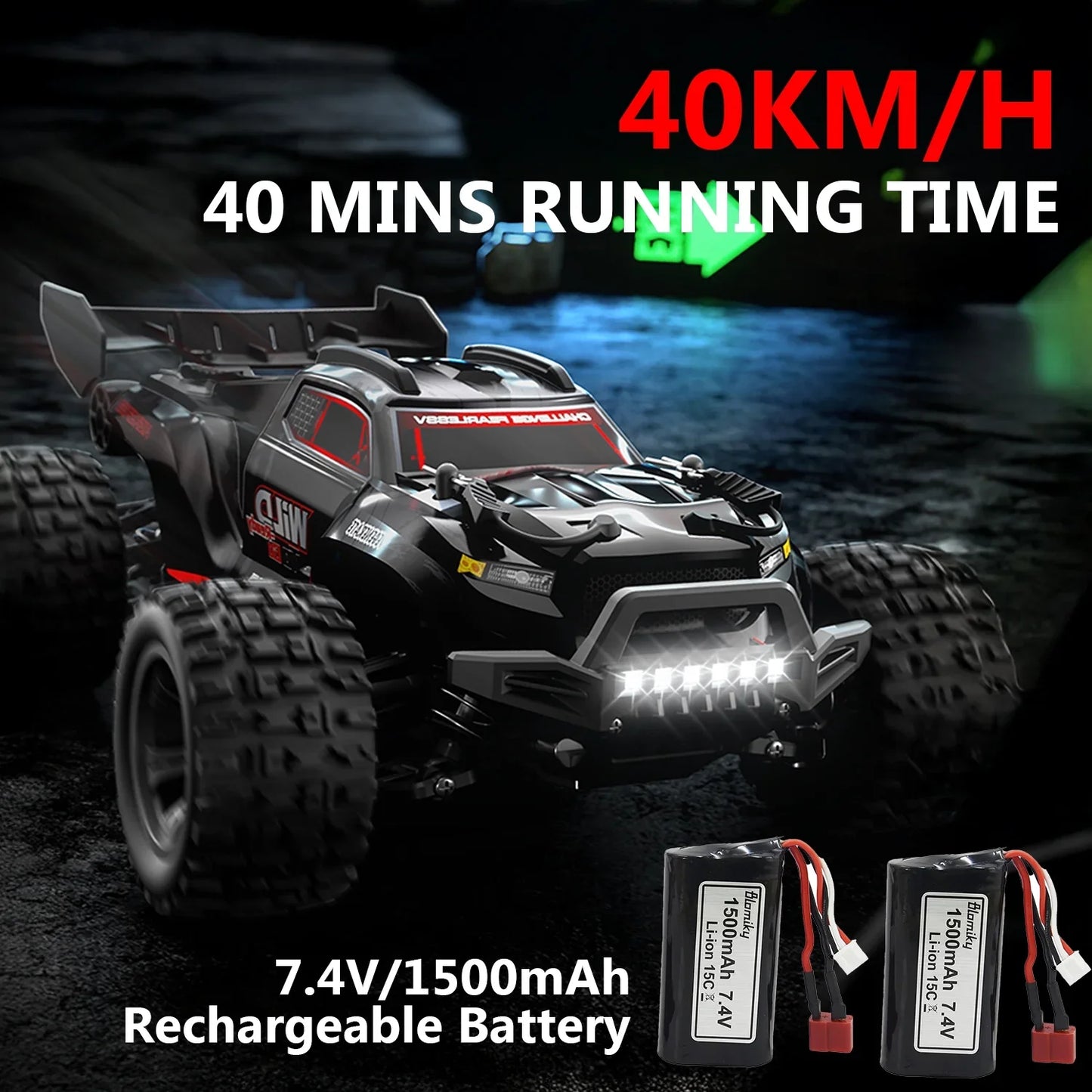 1/16RC Offroad Truck-Durable Beginner RC Car, High Speed 40 Km/h, Remote Control Monster Truck with 2 Rechargeable 7.4V 1500 mAh