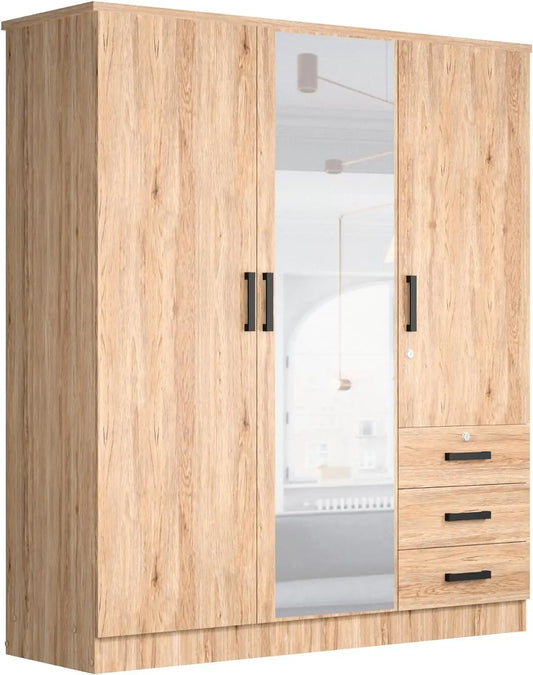 3 Door Wardrobe Closet With Mirror & Drawers Natural Oak Finish, Customized