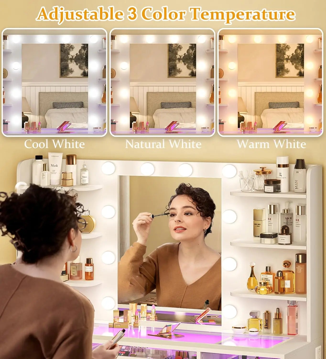 Makeup Vanity with 3-Color Lighting & Mirror, Transparent Top, 3 RGB Drawers and 6 Open Shelves, Customized
